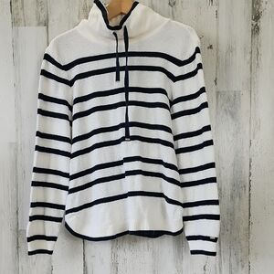 Tommy Hilfiger Navy White Striped Beach Coastal Sweater Cowl Collar Size Large